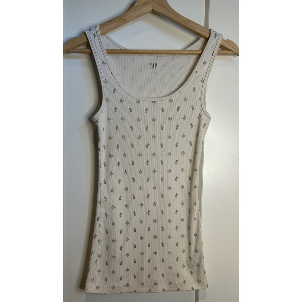 Gap Womens XS Cream Ribbed Cactus Print Scoop Neck Tank Top Slim Fit Sleeveless